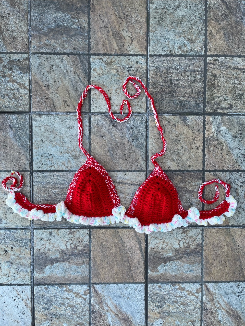 Handmade Christmas Crochet Bralette | Frosty Snow Ruffle Halter Top | Medium